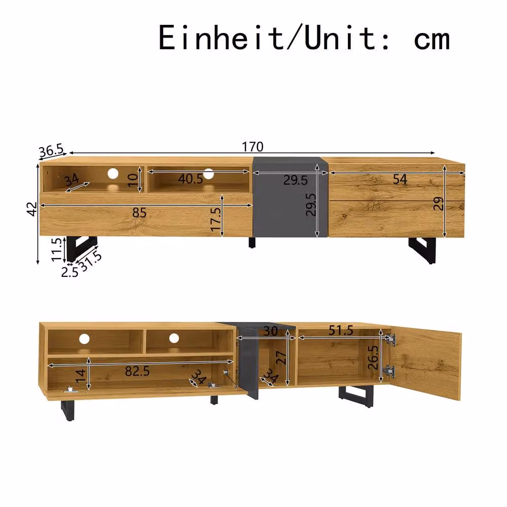 Merax Retro Wood Grain TV Cabinet with 3 Doors and U-Shaped Metal Legs in Sand, W: 170 cm, D: 42 cm, H: 42 cm – 2