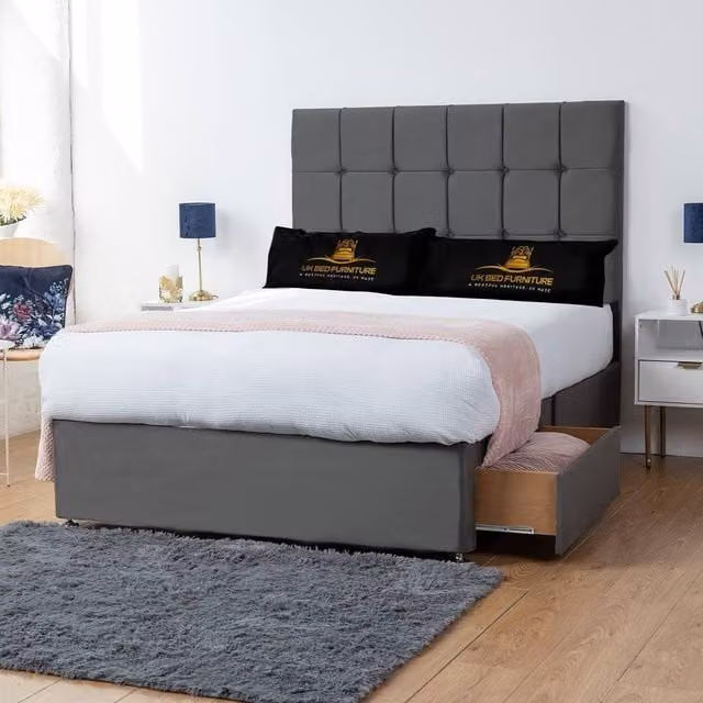 UK Bed Furniture Florence Divan Bed with 4 Drawers and 26 Inch Headboard in Grey, W/D/H: 200 x 200 cm