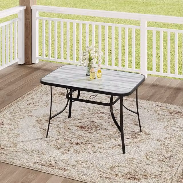 Komore Modern Glossy Garden Table with Tempered Glass and Metal Frame in Black and White