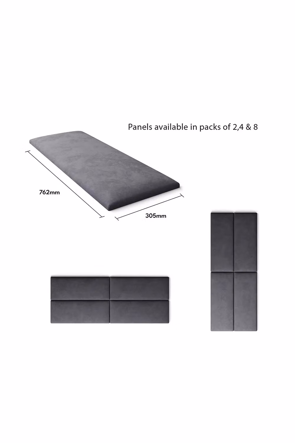 Aspire EasyMount Modular DIY Wall Mounted Upholstered Headboard Panels in Grey Plush Velvet Fabric, Pack of 8 – 3
