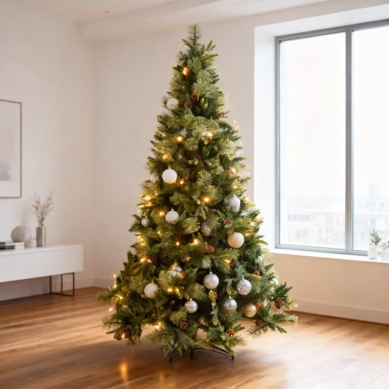 Shatchi 8ft Californian Boulder Bushy Forest Green Artificial Christmas Tree with Pine Cones and Hinged Branches