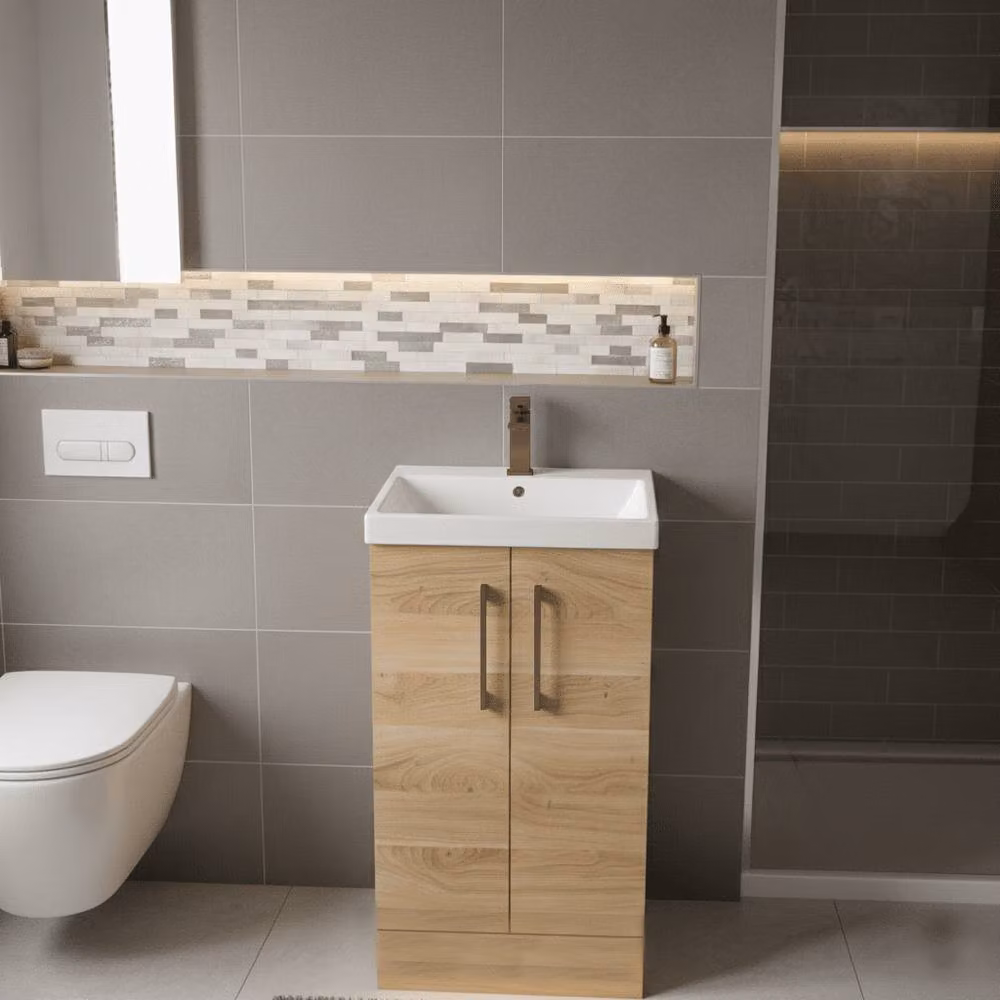 Balterley Modern Bathroom 2-Door Vanity Unit with Soft Close Doors in Bleached Oak Brown, Width: 50 cm – 2