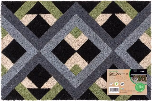 JVL Natural Coir Rectangular Entrance Doormat with Non-Slip Rubber Backing in Brown and Multicolour