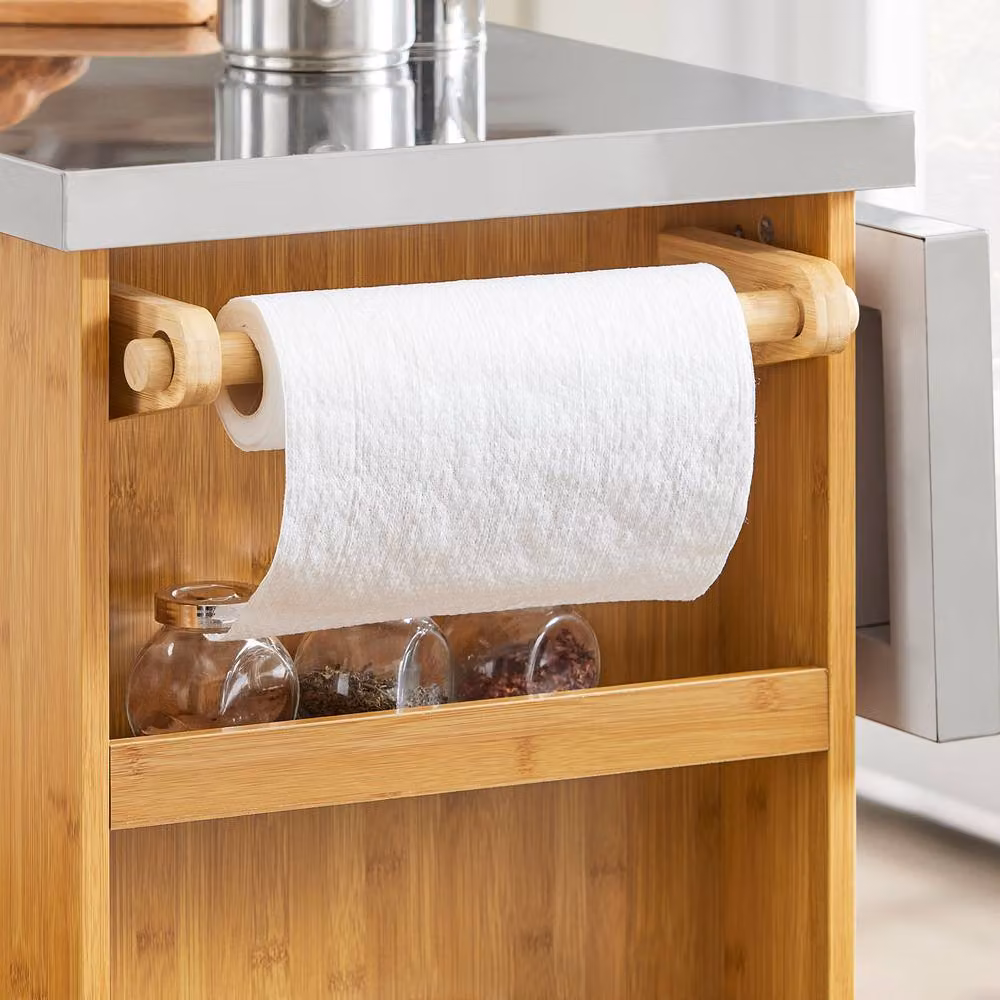 SoBuy Kitchen Island on Wheels with Extendable Stainless Steel Worktop and Natural Bamboo – 3