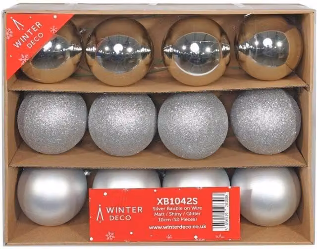 KDMD Silver Christmas Baubles on Wire, 12 Pack, Matt and Shiny Glitter Round Hanging Decorations – 1