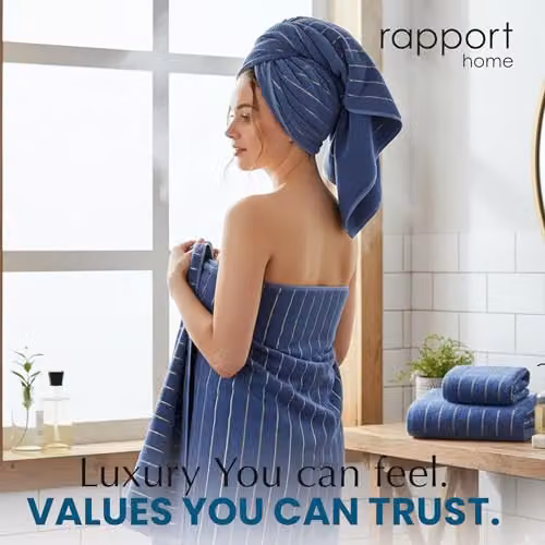 Rapport Home Sandringham Two Piece Striped Cotton Towel Bale in Navy and Gold, W/D/H: 90 x 140 cm – 4