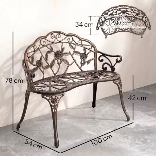Outsunny Vintage Rose Style Cast Aluminium Garden Bench in Bronze Tone, W/D/H: 78 x 54 x 54 cm – 3