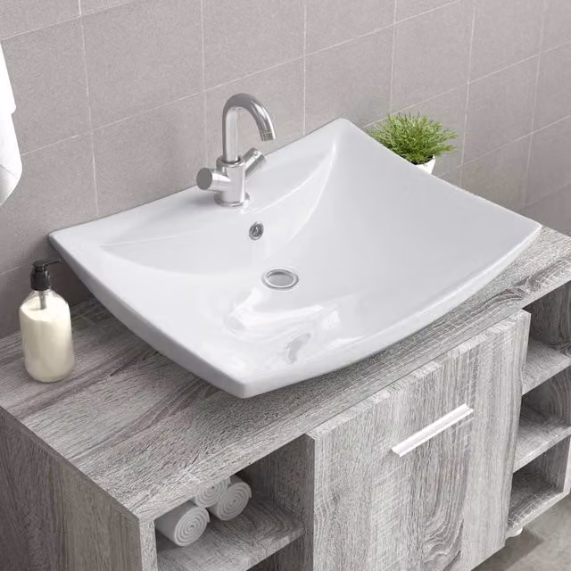 Berkfield Home Luxury Rectangular Ceramic Wall Mounted Basin with Overflow and Faucet Hole in White – 1
