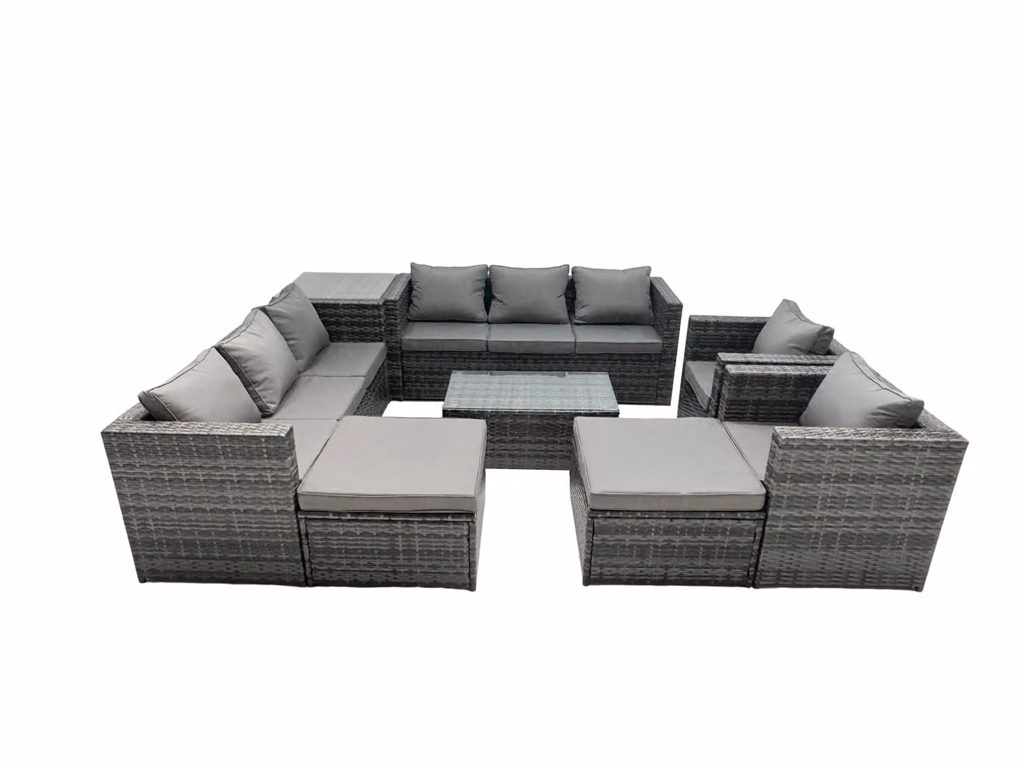 Fimous 10-Seater Patio Coffee Table Sofa Set with 2 Large Stools and Side Table in Dark Grey – 2