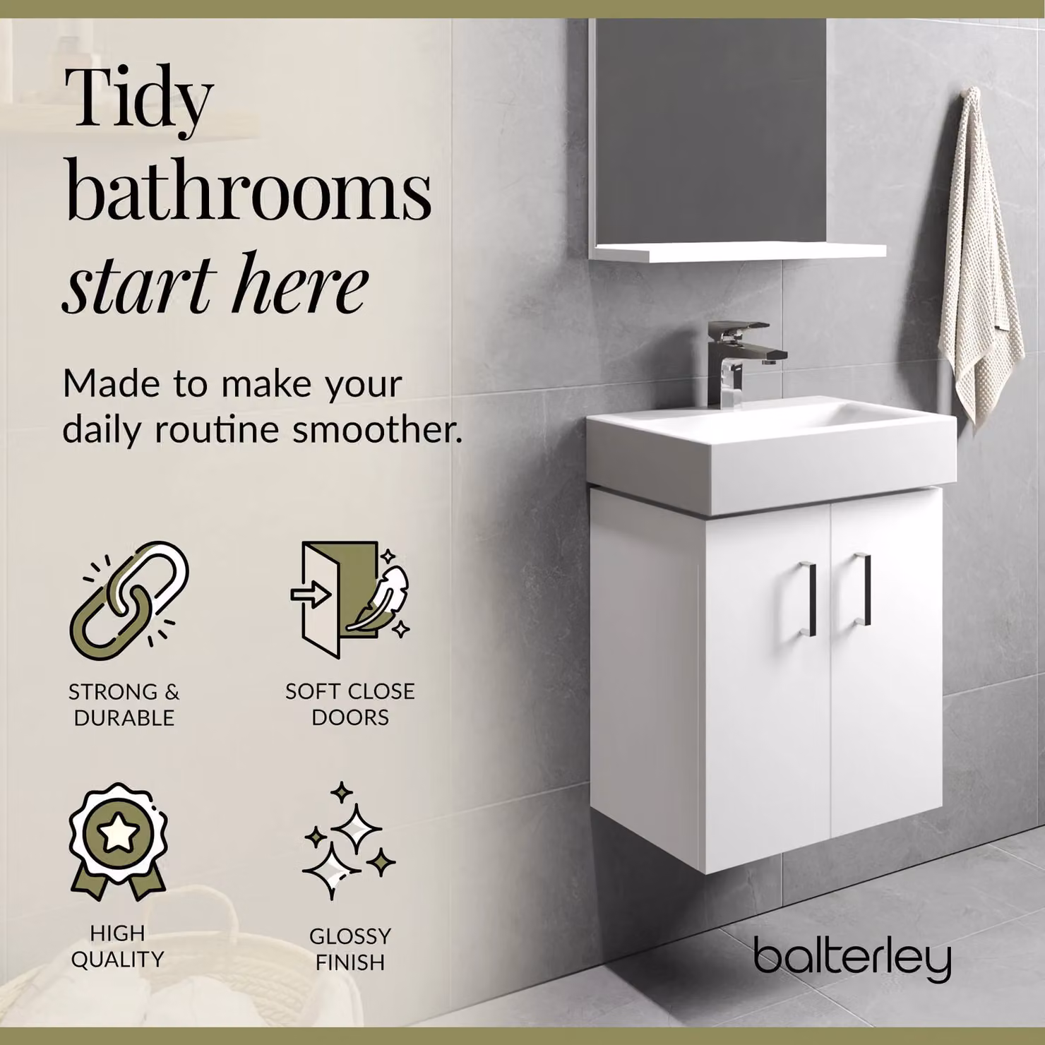 Balterley Gloss White Wall Hung 2 Door Cloakroom Vanity Basin Unit W: 45.0 cm, H: 59.5 cm – 3