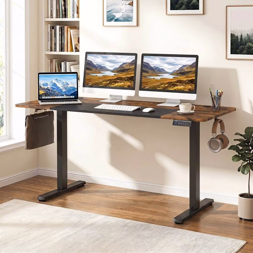 KORVIXA Brown Height Adjustable Electric Sit Stand Gaming and Office Desk W/D/H: 140 x 60 x 118 cm – 3