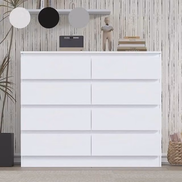 FLAVORA White 8-Drawer Wooden Bedroom Chest of Drawers