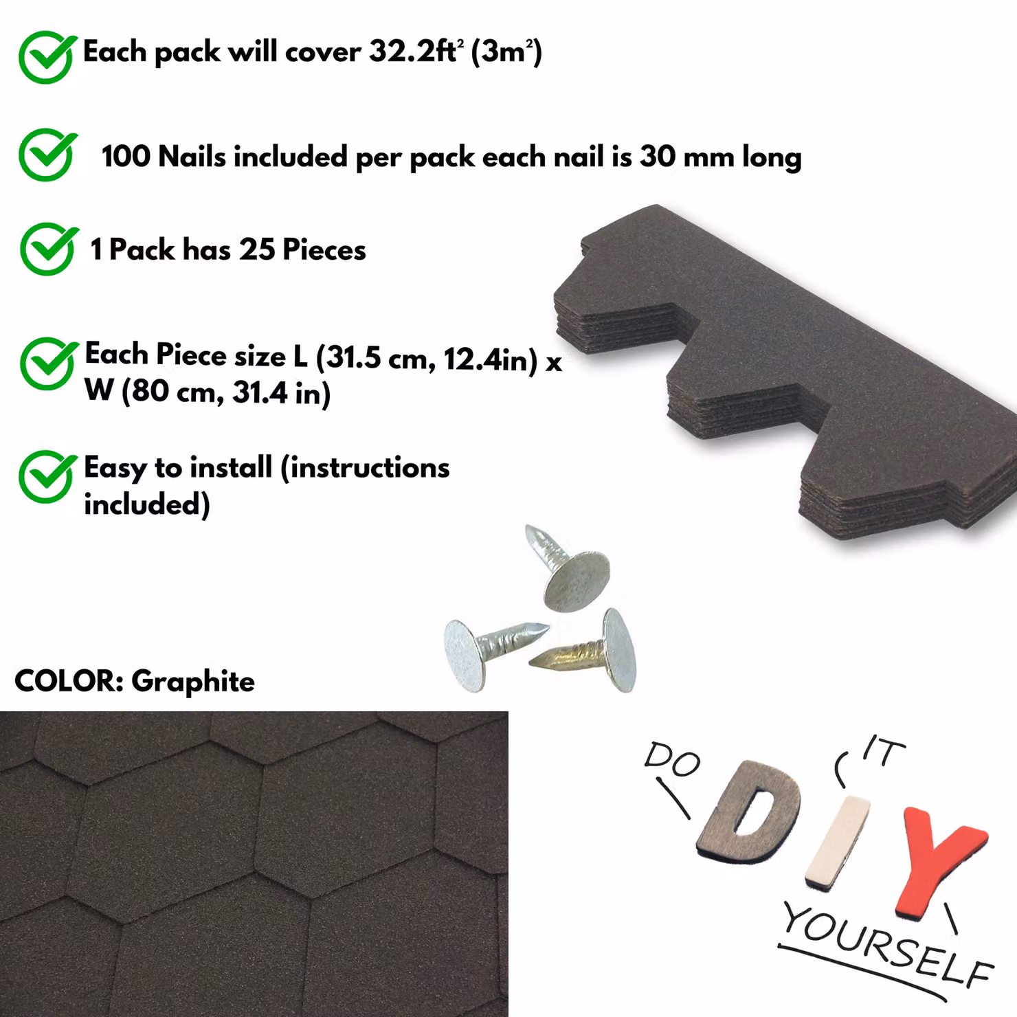 Novecrafto Heavy Duty Hexagonal Asphalt Roof Shingles, Black, 25 Pieces, W: 80 cm, H: 31.5 cm – 4