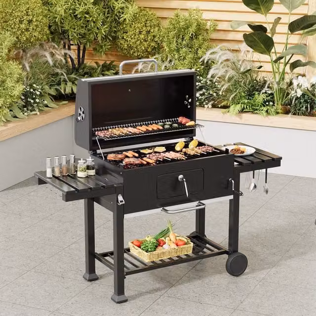 Komore Black Charcoal BBQ Grill with Side Table and Cart