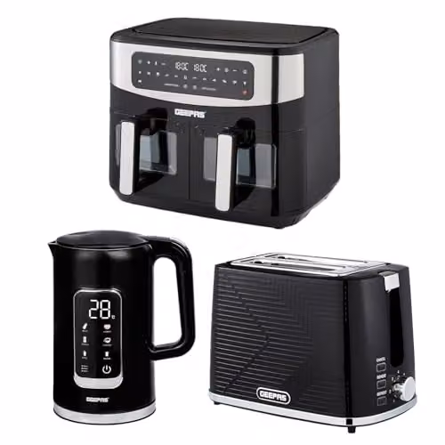 Geepas Kitchen Combo Set in Black featuring 1.7L Digital Electric Kettle, 2 Slice Bread Toaster and 9L Dual Zone Air Fryer – 2