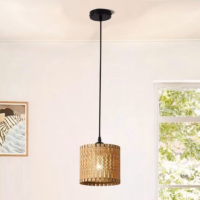 NIVOR Set of 3 Adjustable Boho Wooden Pendant Lights in Light Brown – 1