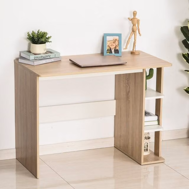 HOMCOM Modern Duo Writing Desk with 3-Tier Side Shelves in Brown and White