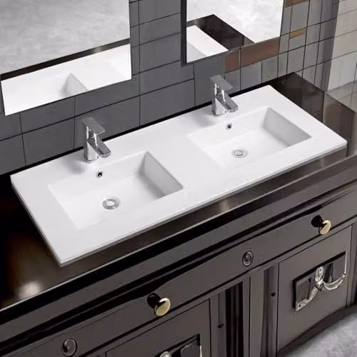 Limoge 4012 White Ceramic Double Inset Bathroom Basin with Dual Rectangular Bowls, W: 121 cm, D: 46 cm, H: 15.5 cm – 1
