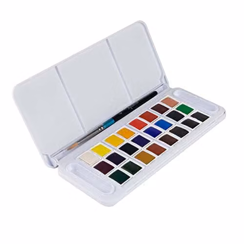 Daler-Rowney Aquafine Watercolour Travel Half Pan Paint Set with 24 Assorted Colours and Watercolour Brush – 1