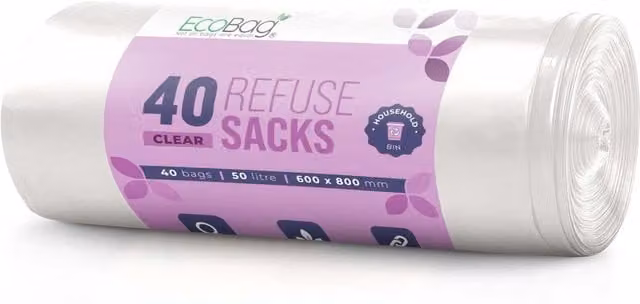 Ecobag 40-Pack Heavy Duty Plastic Refuse Sacks, 50L, 22 Micron, Black and Transparent