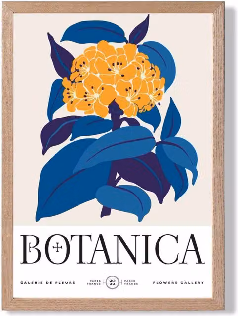ARTZE Yellow and Blue Hydrangea Flower Market Exhibition Framed Print with Oak Frame