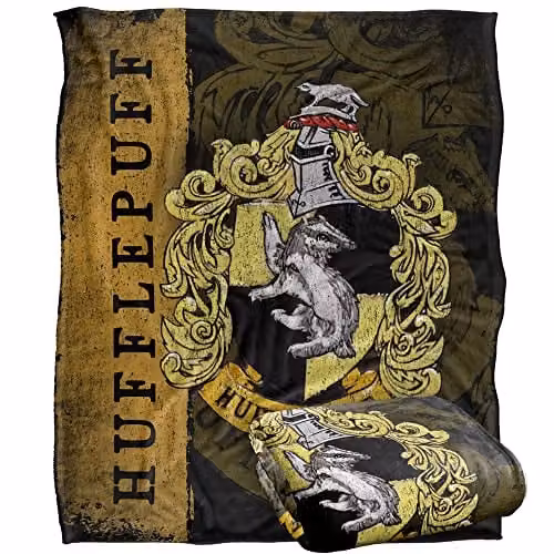 Warner Brothers Harry Potter Hufflepuff House Crest Fleece Blanket, W/D/H: 152 x 127 cm, White/Multicolour – 1