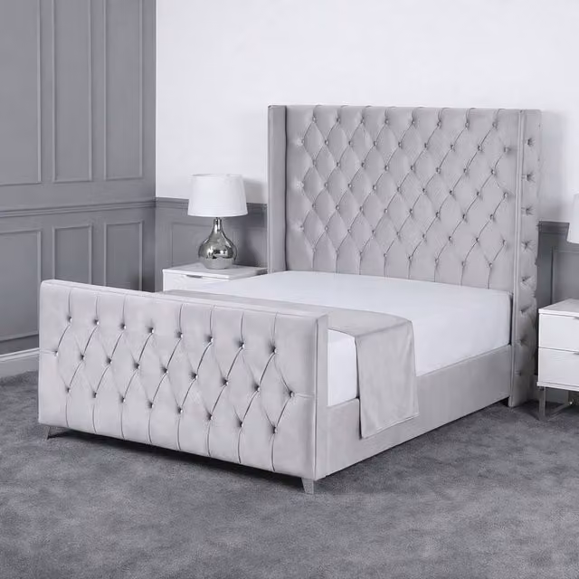 Living Comfort Bedz Seraphina Super King Upholstered Velvet Gas Lift Storage Bed with 48 Inch Headboard in Silver, W/D/H: 200 x 200 cm