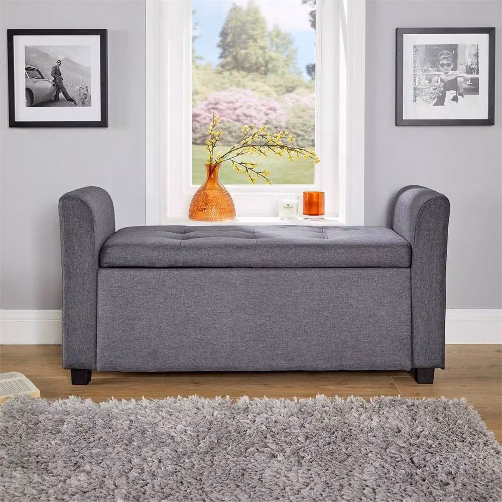 Nordara Grey Velvet Ottoman Storage Box Window Seat