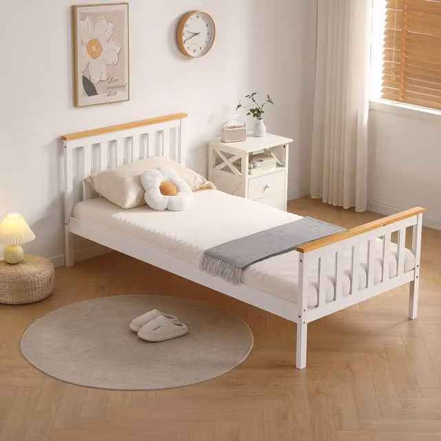 Comfy Living Ltd Modern Solid Pine Bed Frame in White, W/D/H: 100 x 200 cm – 1