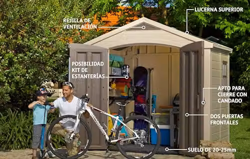 Keter Factor Outdoor Storage Shed with Double Doors and Window, Beige/Brown, W: 243.0 cm, D: 182.0 cm, H: 256.6 cm – 2