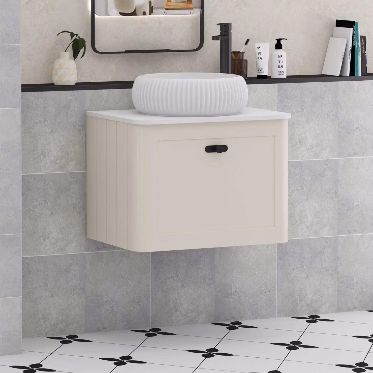 Royal Bathrooms Henley 600mm Wall Hung Vanity Unit in Mushroom Cashmere with Plain White Worktop, Milan Basin and Matt Black Knob