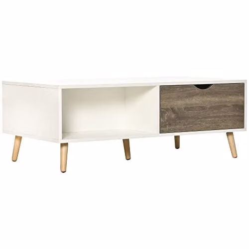 HOMCOM Modern Rectangular Coffee Table with Open Storage Shelves in White