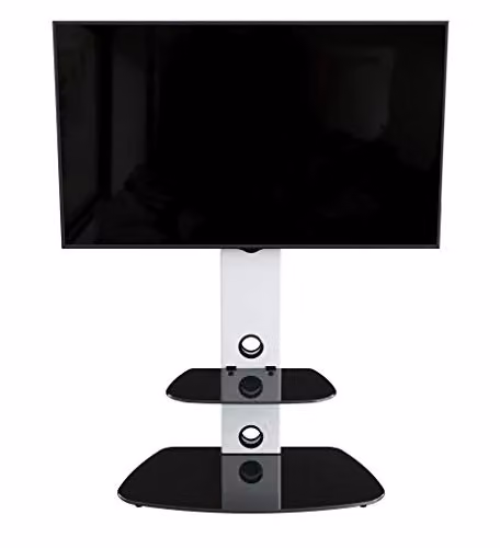 AVF Lucerne FSL700LUCSW Curved Pedestal TV Stand in Satin White and Black Glass – 1