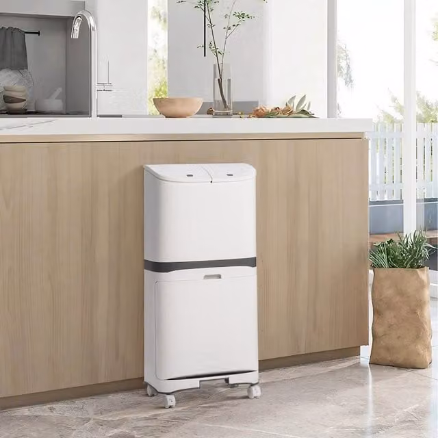 Lifeideas 2-Tier Waste Separation Bin with Flip Lid and Wheels, White, 48 l