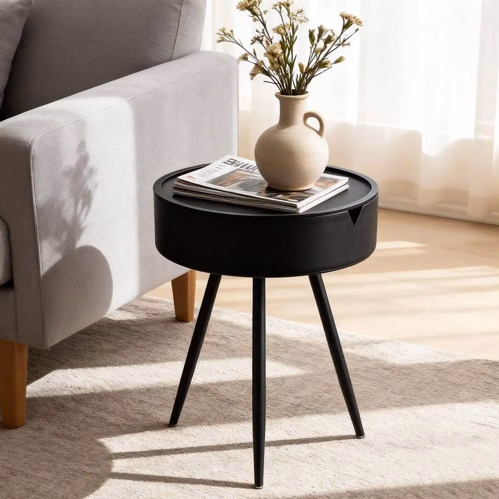 VOGREX Modern Round Black Metal Side Table and Bedside Nightstand – 2