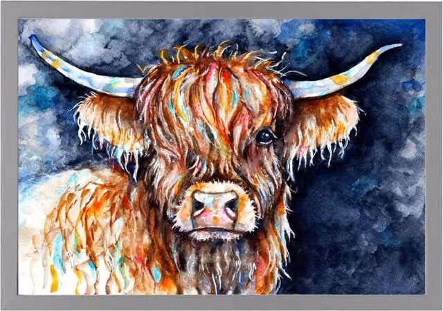 Be Coventry Highland Cow Watercolour Framed Paper Poster in Brown, Grey and Multicolour, 29.7 cm