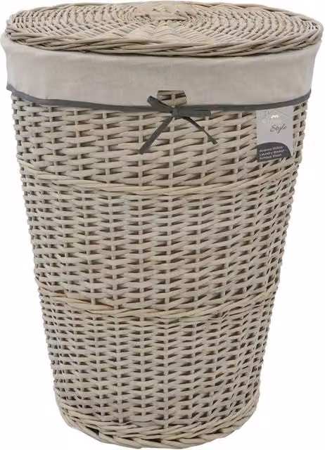 JVL Arianna Round Tapered Willow Linen Laundry Basket with Lid and Removable Bag, Grey