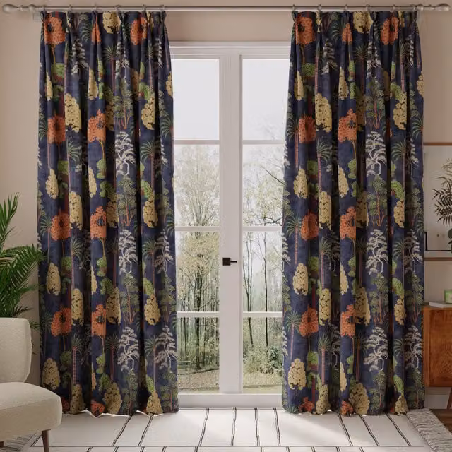 Linda Barker Bonsai Garden Blue Velvet Made to Measure Opaque Floral Curtains