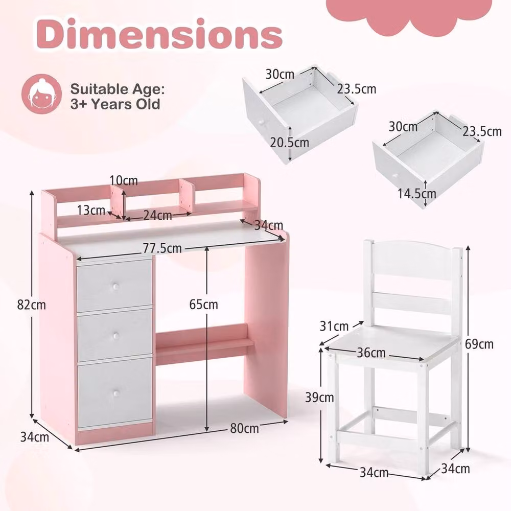 VOGREX Wooden Kids Study Desk, Chair and Shelf Set in Pink – 2