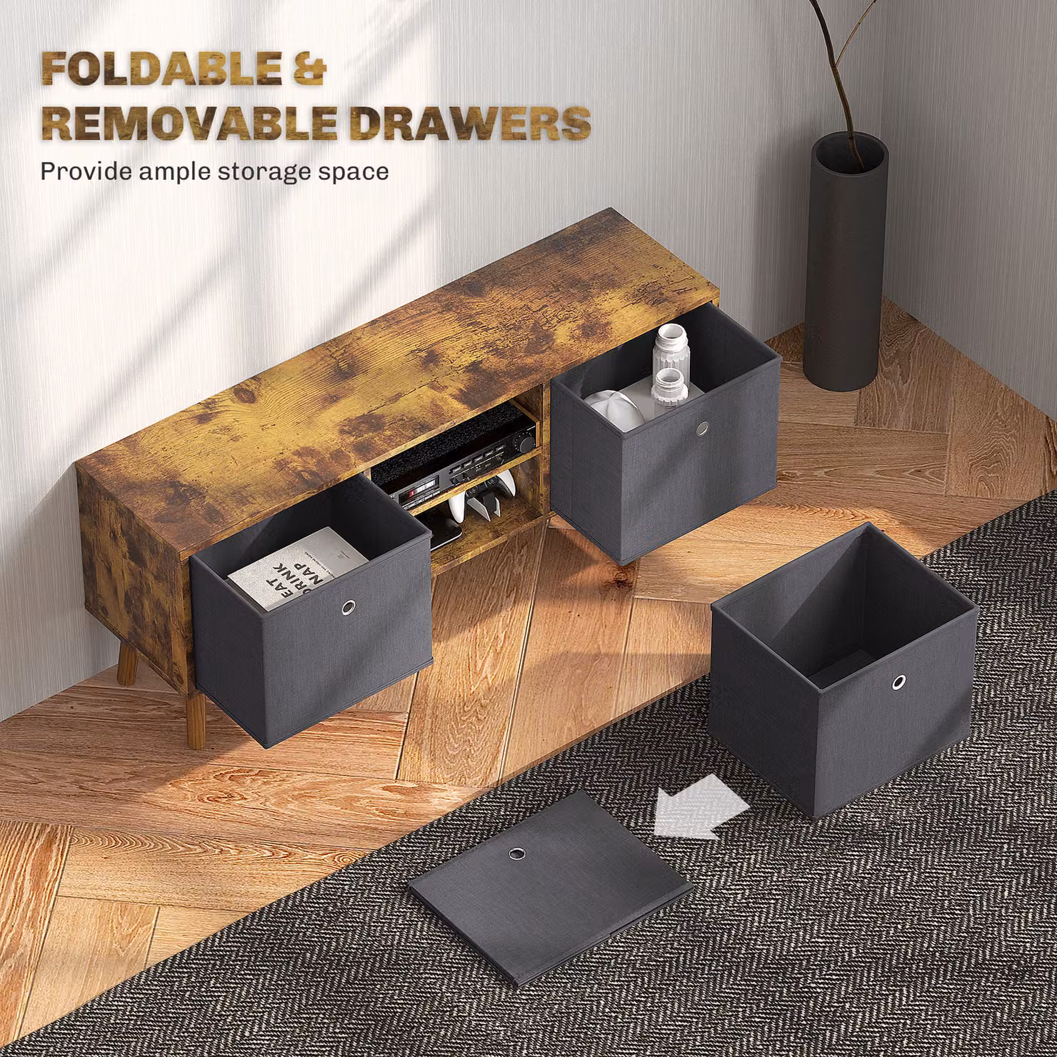 HOMCOM TV Cabinet Stand Unit for TVs up to 50 inch with Foldable Drawers, Rustic Brown Entertainment Centre – 5