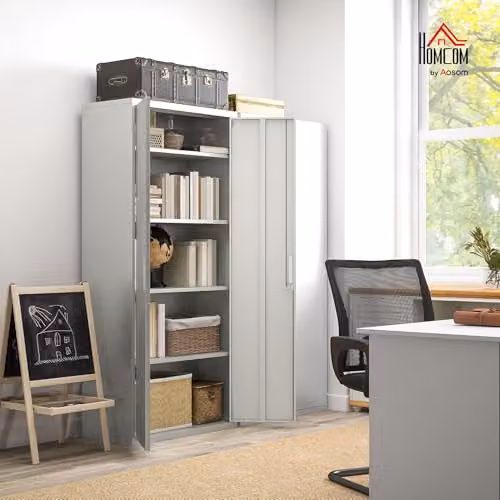 HOMCOM Metal Office Storage Cupboard with Adjustable Shelves and Lock, White, W/D/H: 80 x 40 x 180 cm – 2