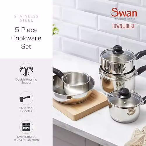 Swan Townhouse 5 Piece Stainless Steel Cookware Set in Silver with Glass Lids – 1