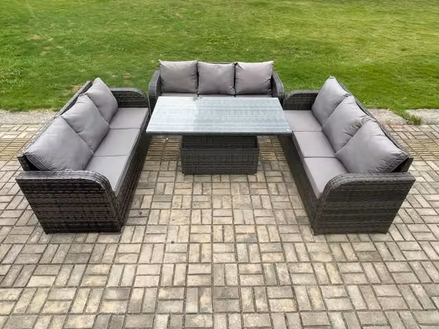 Fimous Dark Grey Rattan Outdoor Dining Set with Height Adjustable Lifting Table