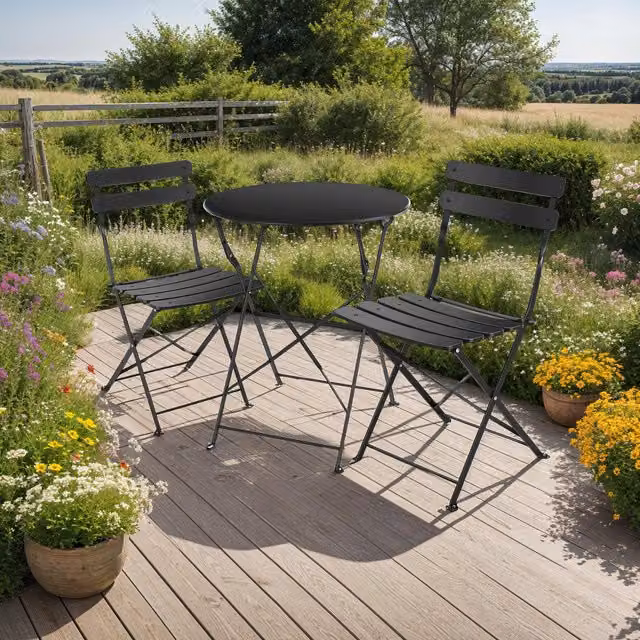 Tectake Frieda Bistro Set with Foldable Table and Chairs for 2 People, Black