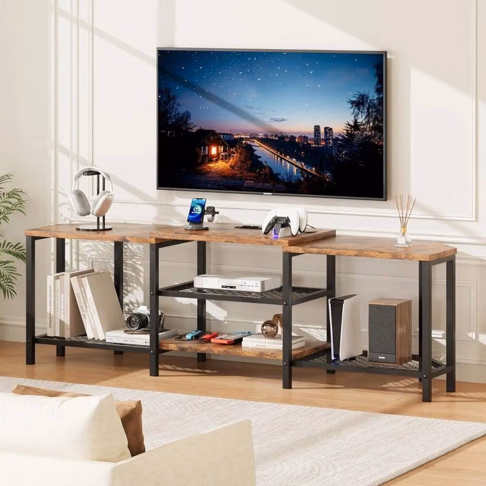 VOGREX Brown Industrial Wood TV Stand with Integrated LED Lights and Charging Station for up to 75 Inch TVs – 4