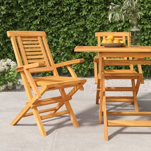 Berkfield Home Set of 2 Folding Garden Chairs in Brown Solid Teak Wood, W/D/H: 56 x 63 x 90 cm