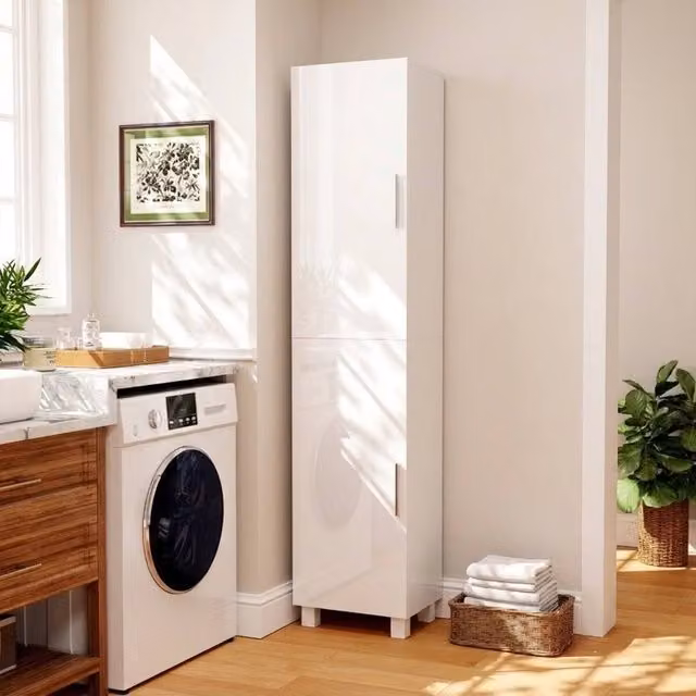 STILVORA Modern Glossy White Tall Bathroom Cabinet with Hinged Doors and Internal Shelves