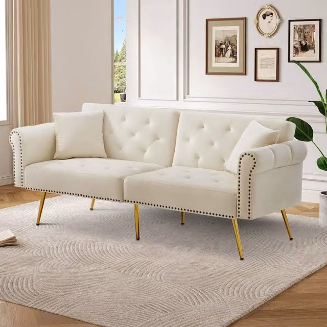 Merax Two Seater Velvet Sofa Bed in Beige and Gold with Adjustable Headrest and Click-Clack Sleeping Function, W/D/H: 177 x 74 x 71 cm