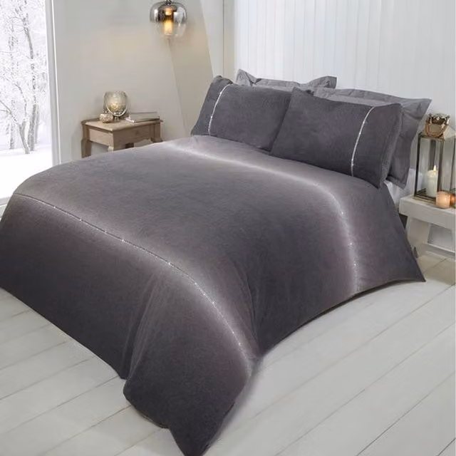 Rapport Home Diamante Teddy Fleece Polyester Duvet Set and Pillowcase, Grey, Single, W: 90 cm, H: 200 cm