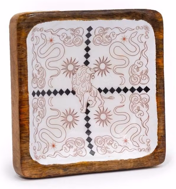 KDMK White Enameled Square Trinket Tray with Lion and Snake Design for Jewelry Storage